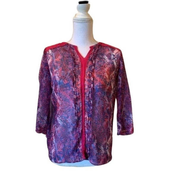 Tahari printed pin tuck blouse. Purple. Medium - Picture 1 of 4